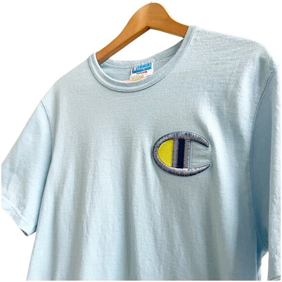 Champion Big Embroidered Logo Blue Size Medium Crew Neck Preppy - Picture 2 of 7